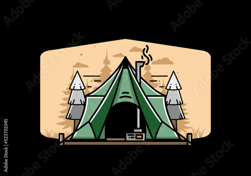 Large glamping tent with heater and chimney illustration design