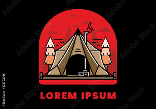 Large glamping tent with heater and chimney illustration design