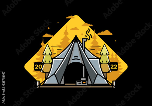 Large glamping tent with heater and chimney illustration design