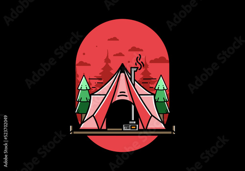 Large glamping tent with heater and chimney illustration design