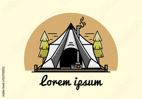 Large glamping tent with heater and chimney illustration design