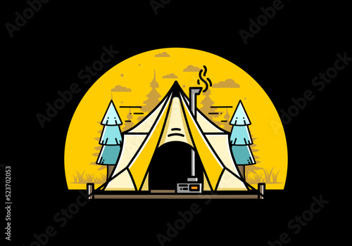 Large glamping tent with heater and chimney illustration design