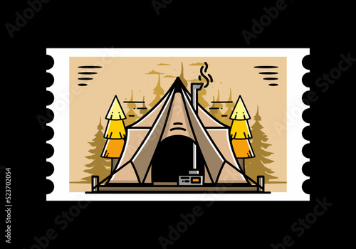 Large glamping tent with heater and chimney illustration design