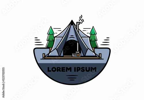 Large glamping tent with heater and chimney illustration design
