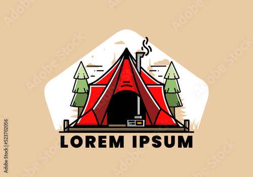 Large glamping tent with heater and chimney illustration design