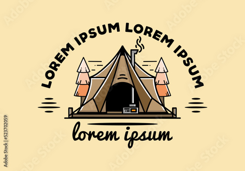 Large glamping tent with heater and chimney illustration design