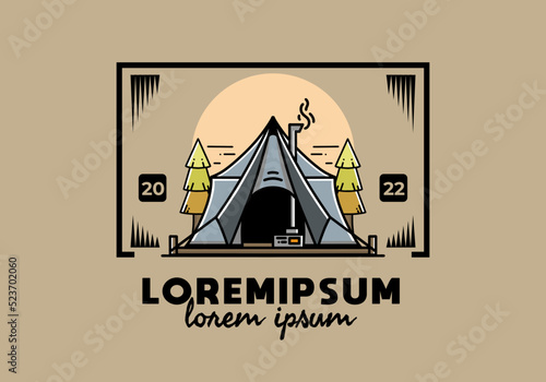 Large glamping tent with heater and chimney illustration design