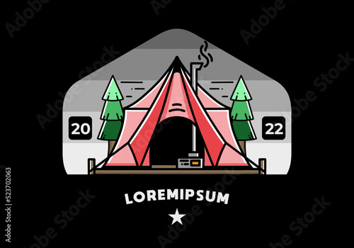 Large glamping tent with heater and chimney illustration design