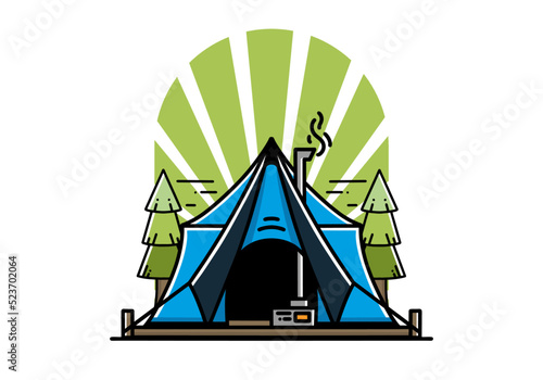 Large glamping tent with heater and chimney illustration design