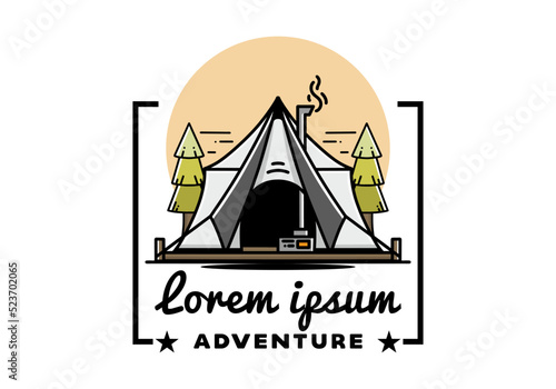 Large glamping tent with heater and chimney illustration design