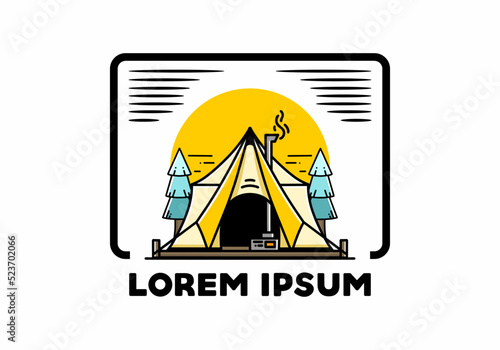 Large glamping tent with heater and chimney illustration design