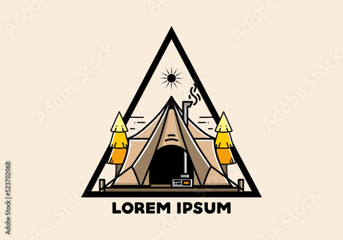 Large glamping tent with heater and chimney illustration design