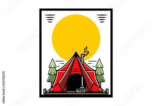 Large glamping tent with heater and chimney illustration design