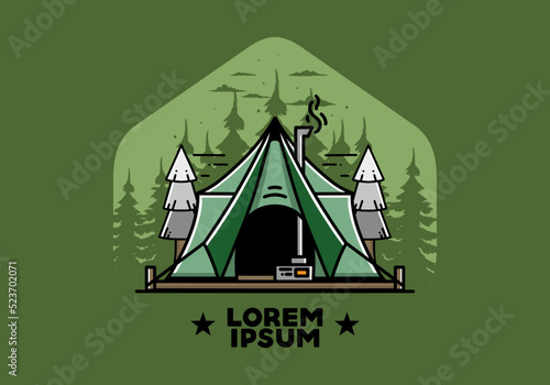 Large glamping tent with heater and chimney illustration design