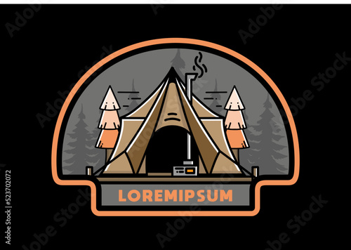 Large glamping tent with heater and chimney illustration design