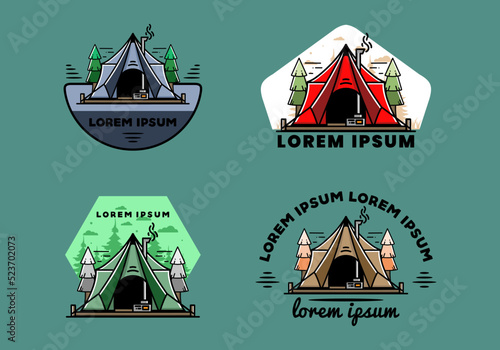 Large glamping tent with heater and chimney illustration design