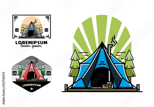 Large glamping tent with heater and chimney illustration design