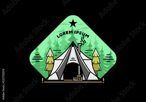 Large glamping tent with heater and chimney illustration design