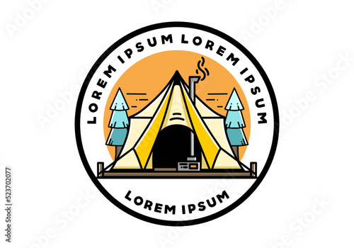 Large glamping tent with heater and chimney illustration design