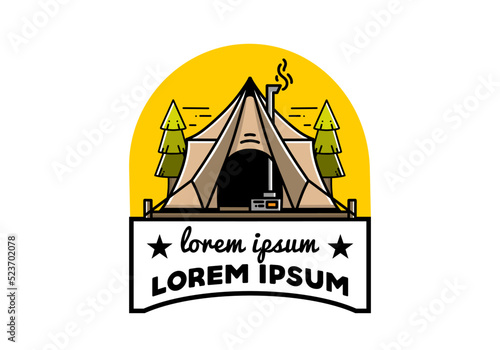 Large glamping tent with heater and chimney illustration design