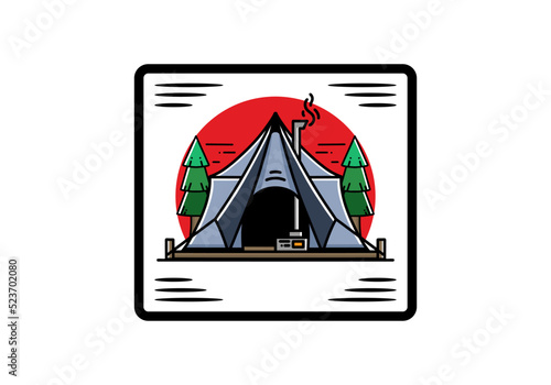 Large glamping tent with heater and chimney illustration design