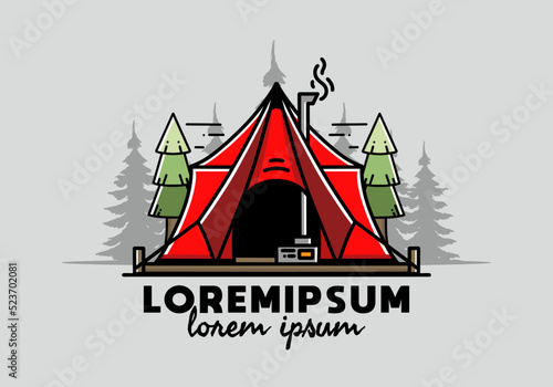 Large glamping tent with heater and chimney illustration design