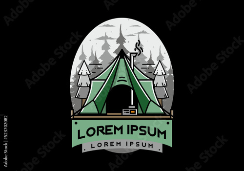 Large glamping tent with heater and chimney illustration design
