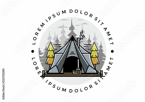 Large glamping tent with heater and chimney illustration design