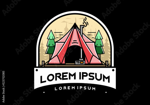 Large glamping tent with heater and chimney illustration design