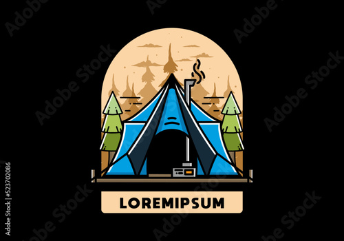Large glamping tent with heater and chimney illustration design