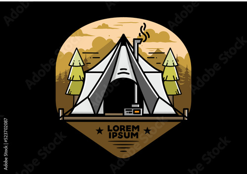 Large glamping tent with heater and chimney illustration design