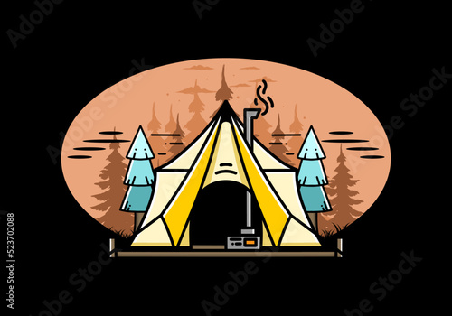 Large glamping tent with heater and chimney illustration design
