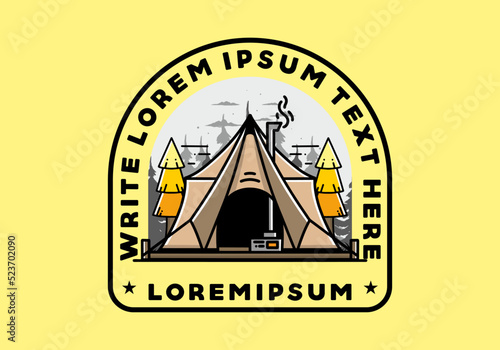 Large glamping tent with heater and chimney illustration design