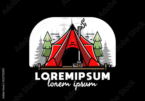 Large glamping tent with heater and chimney illustration design
