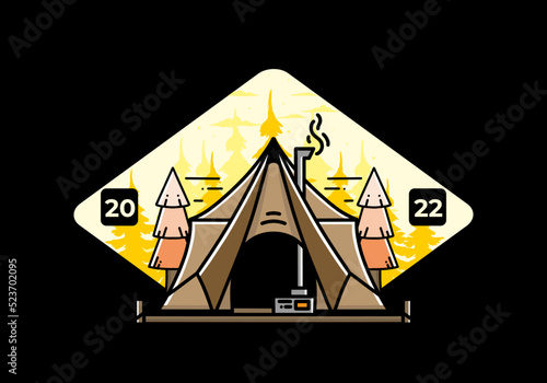 Large glamping tent with heater and chimney illustration design