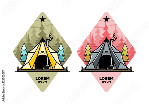 Large glamping tent with heater and chimney illustration design