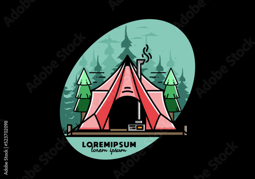 Large glamping tent with heater and chimney illustration design