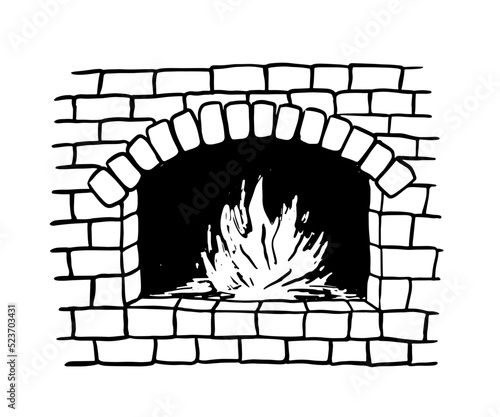 Oven with fire for cooking. Doodle sketch