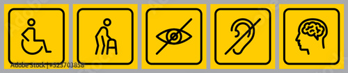 Set of vector disabled signs on yellow backgrounds.Handicapped man sitting in a wheelchair, person with walker, blind,deaf, mental disease line icons.Mandatory pictograms for public places,web and app