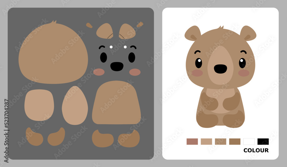 Sitting Bear Pattern For Kids Crafts Or Paper Crafts. Vector 