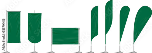 Green vinyl flags and set banners on metallic pole. Vector realistic template of fabric promotion posters, advertising striped canvas pennants hanging on metal frame and stand