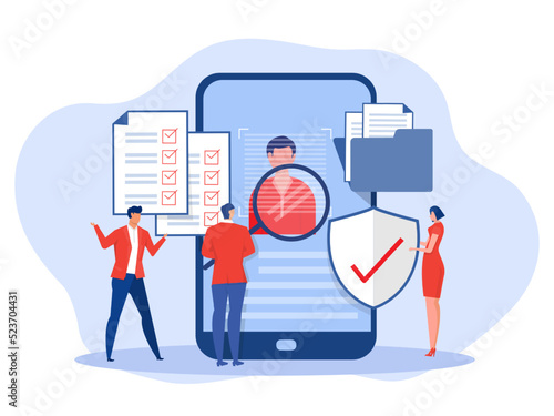 KYC or know your customer with business verifying the identity of its clients concept at the partners-to-be through a magnifying glass on laptop vector illustrator