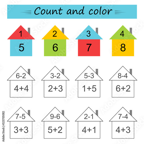 Math activity for kids. Developing numeracy skills. Number range up to 10. Vector illustration