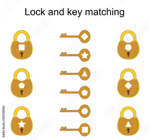 Educational game for kids. Lock and key matching. Task for development of attention and logic. Vector illustration