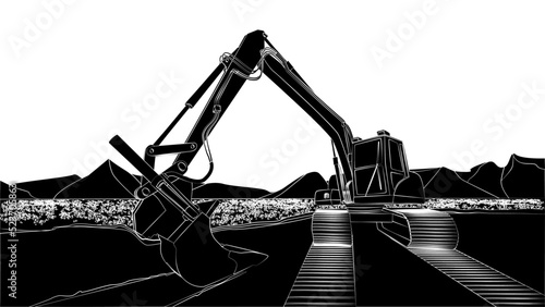 Excavator silhouette on field with flowers and mountains behind isolated. Excavator bucket on ground and caterpillar tracks.