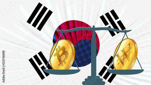 Gold coin of Bitcoin BTC and Republic of Korea won KRW on scales and colored South Korean flag on background. Central Bank of Korea adopts laws on digital assets CBDC.