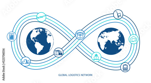 Global logistics network. Map global logistics partnership connection in blue. Infinity concept.  White similar world map and logistics icons for your design.  EPS10.