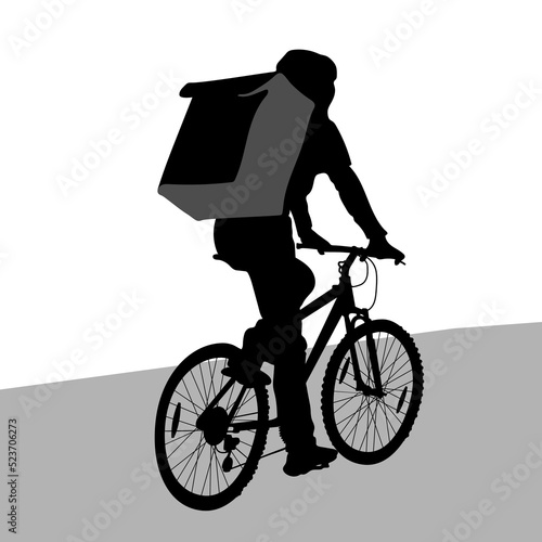 Vector silhouette of a man on a bicycle with a thermal bag behind his back, Yandex food delivery courier.