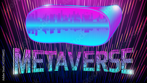 Virtual reality glasses with futuristic city inside and word Metaverse against the digital purple background.