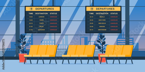 Empty Room, Cancelled Flight At Airport Terminal, Vector, Illustration